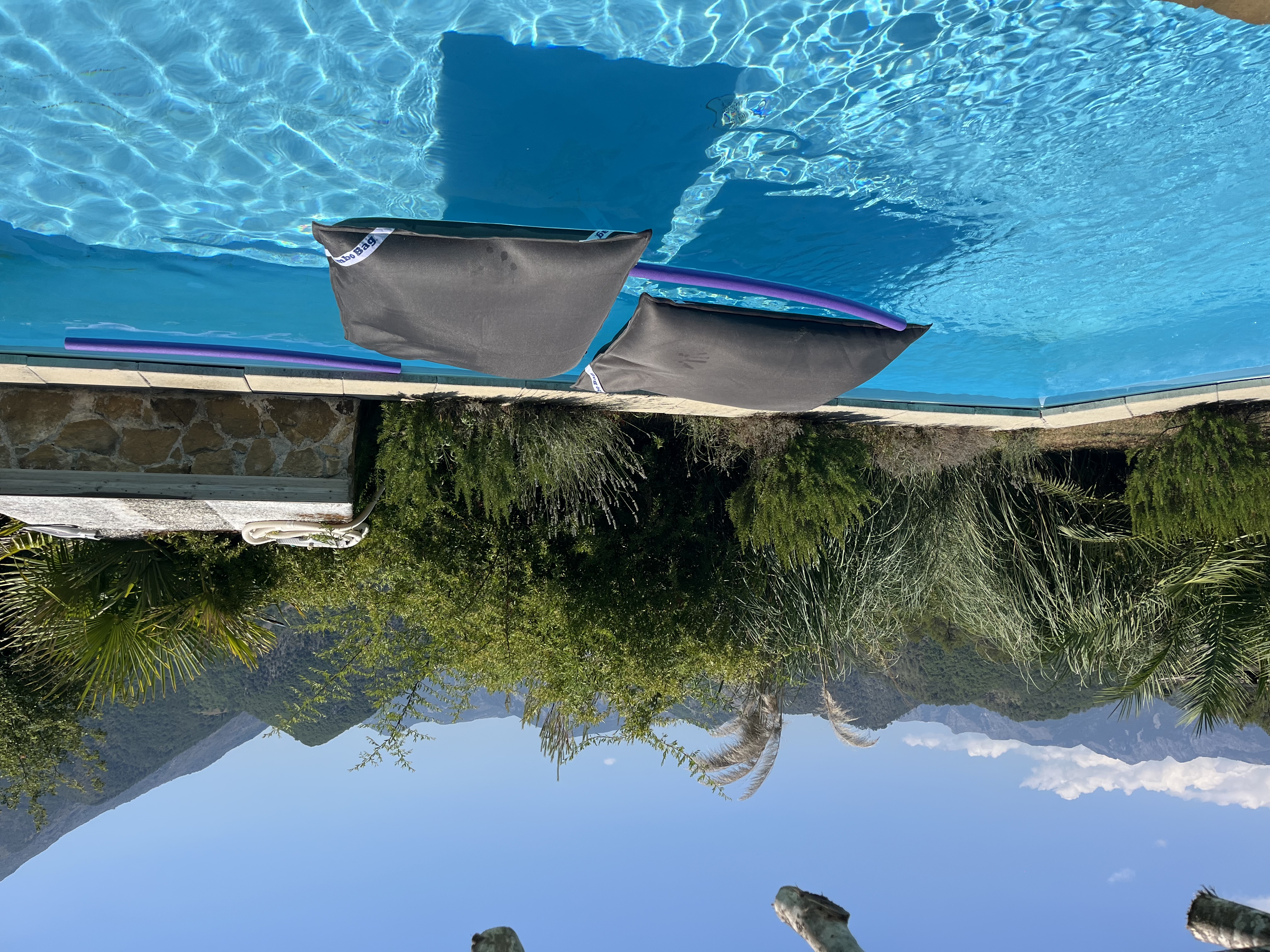 Vue de la piscine et des montagnes.