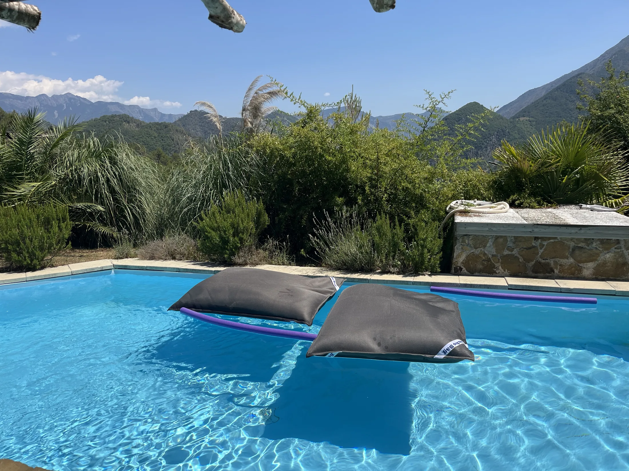 Vue de la piscine et des montagnes.